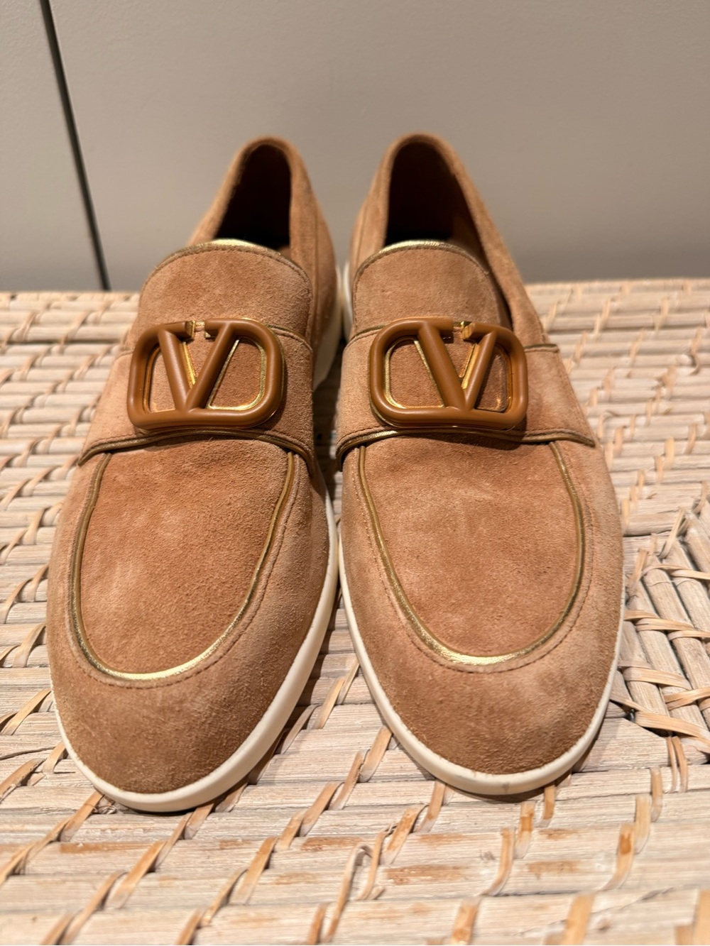 Valentino Garavani Tan Suede VLogo Signature Loafers Gold Trim Rubber Sole 37